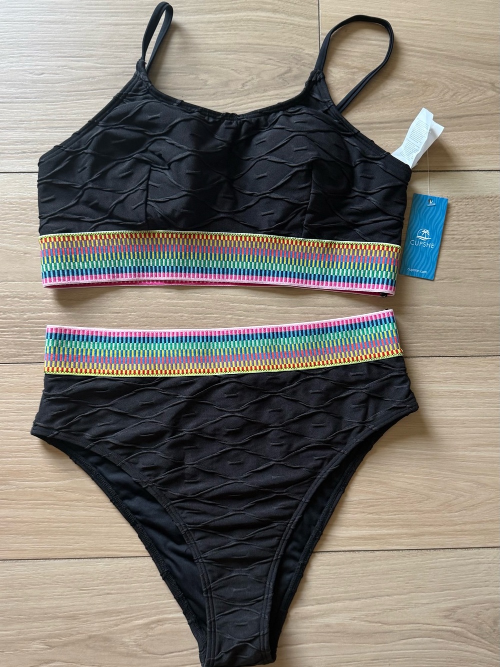 Cupshe NWT Textured High Waisted Bikini Set Rainbow Trim Size M